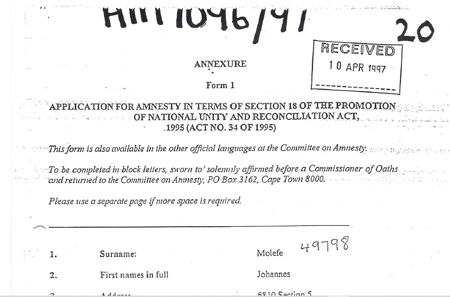 Johannes (Molefe) Mnisi, TRC, 10 April 1997